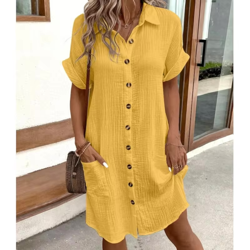 Women's Button Down Linen Shirt Dress With Pockets