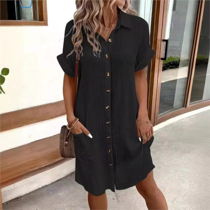 Women's Button Down Linen Shirt Dress With Pockets