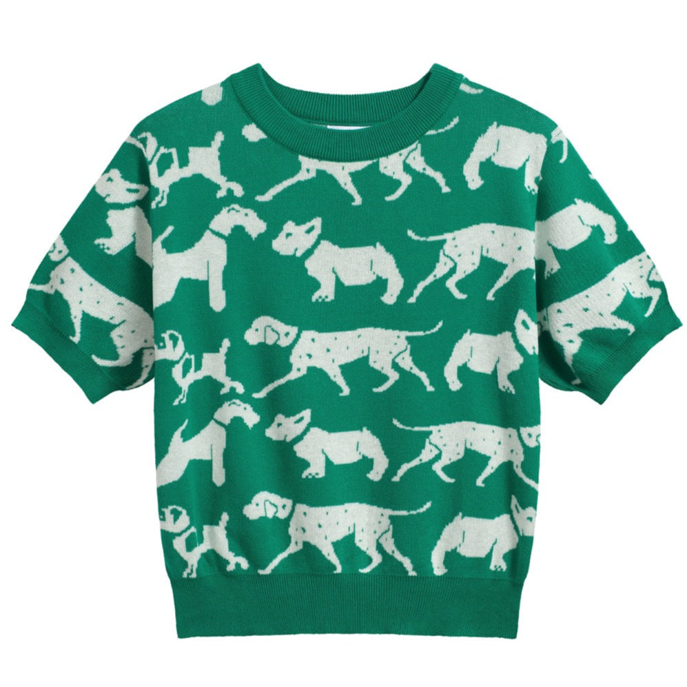 Women's Retro Dog Print Knit Tee – Green-Cropped Length