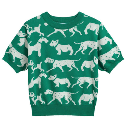 Women's Retro Dog Print Knit Tee – Green-Cropped Length