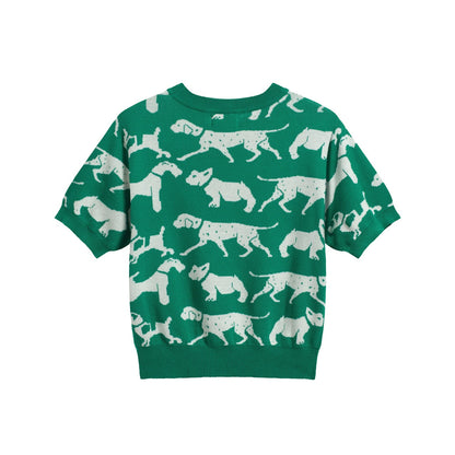 Women's Retro Dog Print Knit Tee – Green-Cropped Length