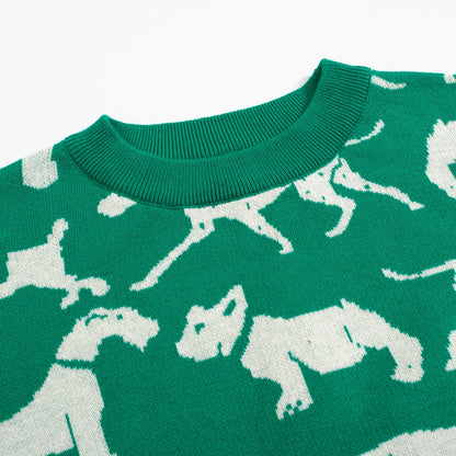 Women's Retro Dog Print Knit Tee – Green-Cropped Length