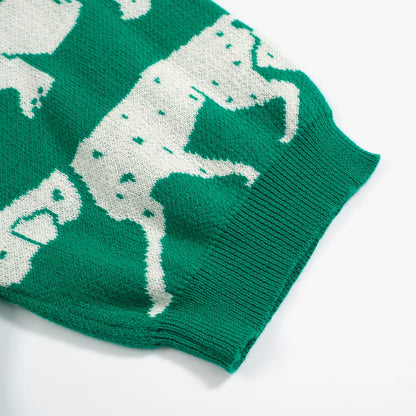 Women's Retro Dog Print Knit Tee – Green-Cropped Length