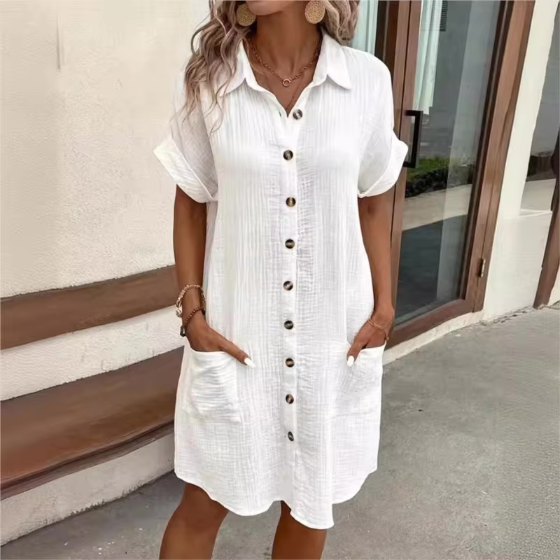 Women's Button Down Linen Shirt Dress With Pockets