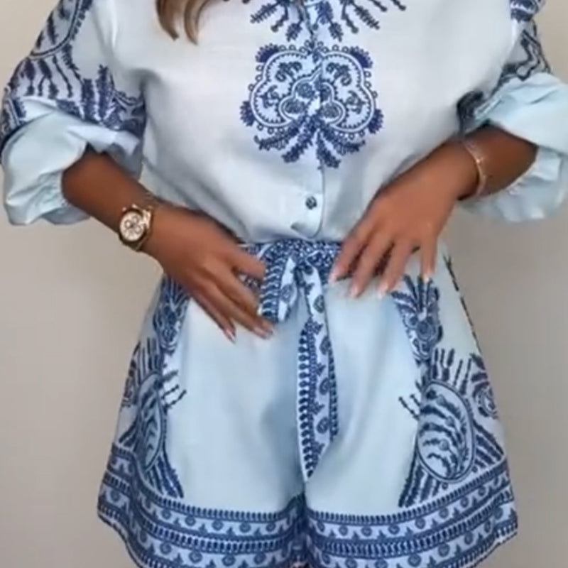 Patterned Tie Waist Button Up Shorts Co-ord